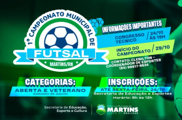 Martins realiza o 1º Campeonato Municipal de Futsal com inscrições abertas até 24 de outubro
