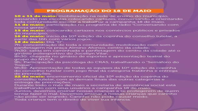 Programação do dia 18 de maio