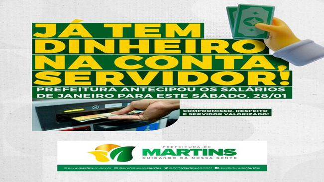 A Prefeitura de Martins antecipa pagamento dos servidores