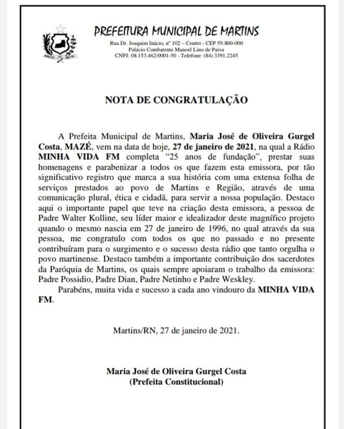 Read more about the article NOTA DE CONGRATULAÇÃO
